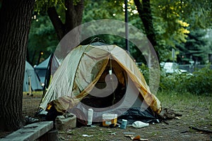simple tent of houseless person in park, homeless tent camp on a city street photo