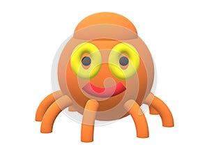 A simple three dimensional cartoon impression of a rounded orange octopus robot with smiling friendly expression white backdrop