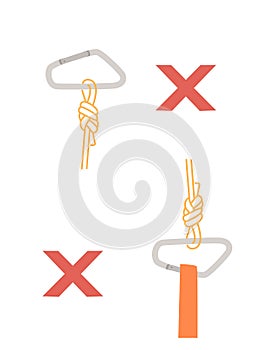 Simple tips how to use metal carabiner in tourism wrong use flat vector illustration isolated on white background