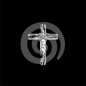 Simple traditional wooden christian cross icon isolated on dark background