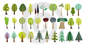 Simple tree set. Vector forest set. Cartoons flat style.