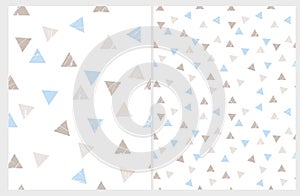 Simple Triangles Vector Patterns. Blue and Brown Marble Triangles Isolated on a White Background.