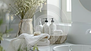 A simple and uncluttered bathroom with a few select products and a clean unadorned design evoking a calming and serene