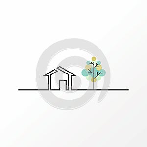 Simple and unique house and tree on flat line image graphic icon logo design abstract concept vector stock