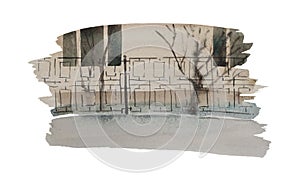 Simple urban watercolor backdrop with part of the street, frontal view. Horizontal illustration with pedestrian part, fence, trees