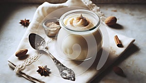 A simple vanilla pudding in a glass jar, Ai generated image