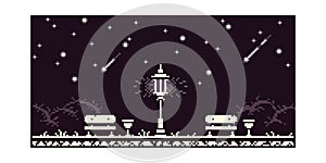 Simple vector 1-bit pixel art illustration of romantic and calm night park with a lamppost and benches in the styl