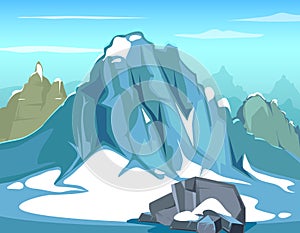 Simple vector background illustration with rock. Big mountains and blue sky, hillside mountain skyline