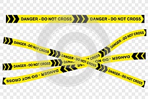 Simple Vector Black and Yellow Ribbon, Police Line, Do Not Cross Due The Corid-19 Pandemic, at transparent Effect Background