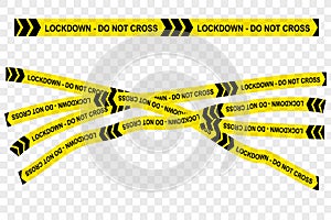 Simple Vector Black and Yellow Ribbon, Police Line, Lockdown Do Not Cross Due The Corid-19 Pandemic, at transparent Effect