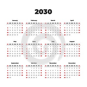 Simple vector calendar on 2030. Start from Sunday