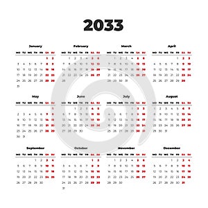 Simple vector calendar on 2033. Start from Monday