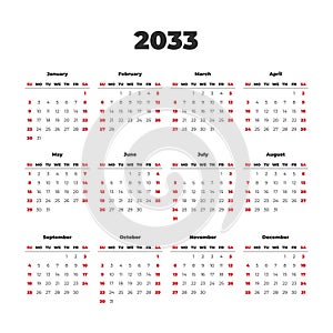 Simple vector calendar on 2033. Start from Sunday