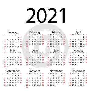 Simple vector calendar template 2021 year. Minimal business white clean design. English grid, week starts from sunday