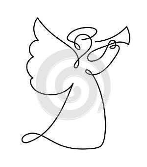 Simple vector Christmas angel with trumpet, continuous line drawing, print for clothes and logo design, emblem or