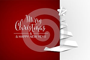 Simple vector Christmas card with white christmas tree made from paper stripe on red background