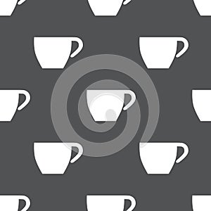 Simple vector coffee background. Repetitive geometric coffee icons. Seamless pattern with coffee cups on grey background