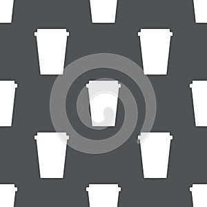 Simple vector coffee background. Repetitive geometric coffee icons. Seamless pattern with paper coffee cups on grey background