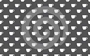 Simple vector coffee background. Seamless pattern with coffee cups on grey background. Repetitive geometric coffee icons