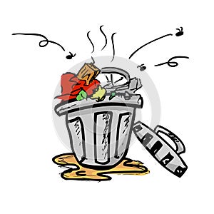 Simple Vector colorful Hand Draw Sketch of dirty stink and nasty trash bin with flies