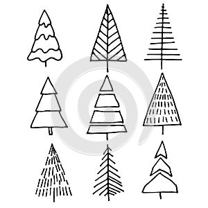 Simple vector doodle style drawing. set with abstract Christmas trees. collection for the holidays, new year christmas.