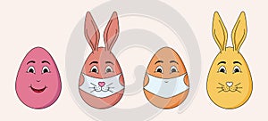 Simple vector emojis of Easter eggs with ears and masks. Bright stickers during the coronavirus quarantine.
