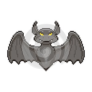 Simple vector flat pixel art illustration of soaring black vampire bat