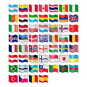 Simple vector flat pixel art set of flowing flags of different countries of the world and Faroe Islands