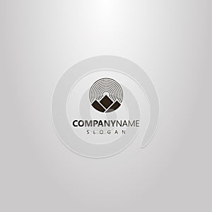 Simple vector geometric round logo of of three mountains and round rays of the sun