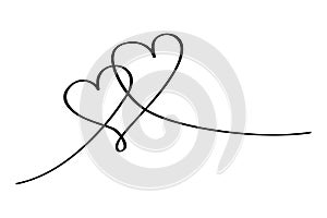 Simple vector hand draw sketch, 2 love shape, one line, isolated on white