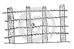 Simple Vector hand draw sketch of Barbed wire and tree gate