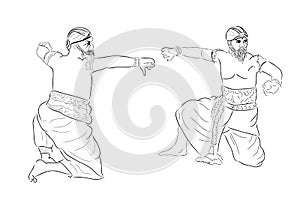 Simple Vector Hand Draw Sketch and Black Outline Reog Traditional Dance from Ponorogo East Java Indonesia, isolated on white