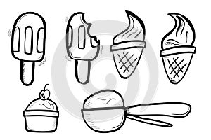 Simple Vector Hand Draw Sketch Doodle, Ice Cream Cone, Stick, cup and spoon isolated on white