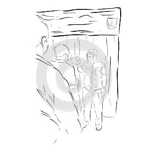 Simple Vector Hand Draw Sketch, Queues People, Body Temperature Check Before Entering Desinfectant Chamber, health protocols