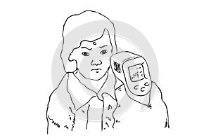 Simple Vector Hand Draw Sketch, Woman, Body Temperature, health protocols during a pandemic Covid-19