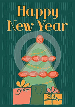 Simple vector Happy New Year card with Christmas tree and gifts