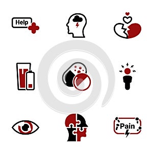 Simple vector icons. Flat illustration on a theme Depression, stress, pain, antidepressant