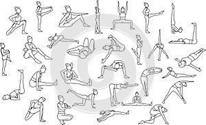 simple vector icons, healthy lifestyle, yoga asanas, sports, doodles and sketches