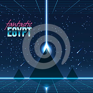 Simple vector illustration in 80s style of headline of poster with text fantastic egypt and night landscape with silhouet