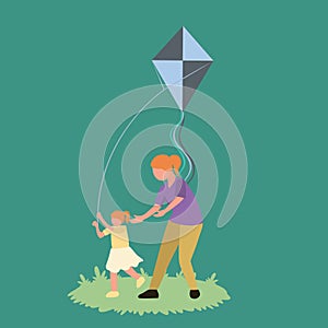 Simple Vector illustration background about young mother and her daughter playing to fly kite up into the sky at outdoor field.