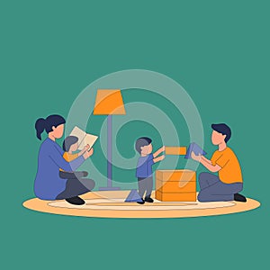 Simple Vector illustration background about a young mother reading a book to daughter and father playing block puzzle house with