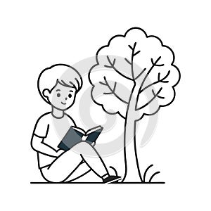 Boy Reading Under a Tree: Vector Illustration for Education and Learning