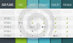 Simple vector illustration of business plans web comparison pricing table. Art design modern banner list. Abstract
