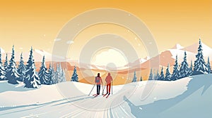 simple vector illustration, copy space, simple colors, 2 persons cross-country skiing. Illustration for publicity on a ski resort