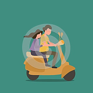 Simple Vector illustration drawing of the couple riding motorcycle. Man driving scooter and woman are passenger while hugging.