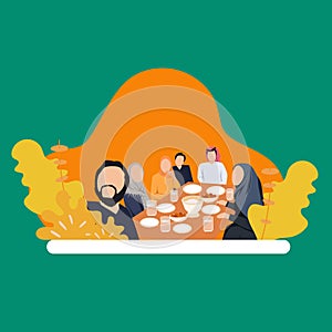 Simple Vector illustration drawing of Eid Mubarak Muslim family having Iftar dinner taking pictures with mobile phone while eating