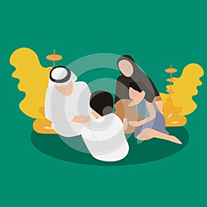 Simple Vector illustration drawing of happy Arabic Muslim family, chatting in the living room, laughing happily. quality time with