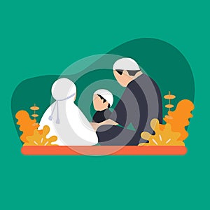 Simple Vector illustration drawing of Image of Asian Muslim family in traditional costume.Muslim father with kids in their house