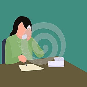 Simple Vector illustration drawing of a young assistant manager receiving a phone and writing down her boss needs on a piece of