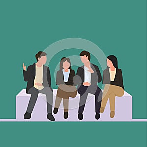 Simple Vector illustration drawing of young male and female interviewee sitting on a chair waiting for their turn to be photo